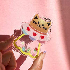 Cat UFO Shaker Acrylic Keychain//Cartoon Art Style Double-Sided Epoxy Glitter Charm//Cute Cat Lover Gift//Animal Keychain