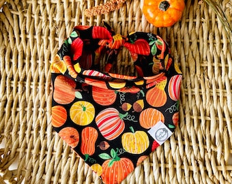 Pumpkin/Fall/Autumn Bandanas/Dog Bandana/Reversible/Custom Made Bandana/Curved Neck/Snap on Bandana/Tie up/over the collar/Pet Handkerchief