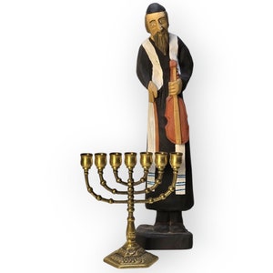 Vintage Brass Menorah and Hand-Carved Wooden Figurine Set