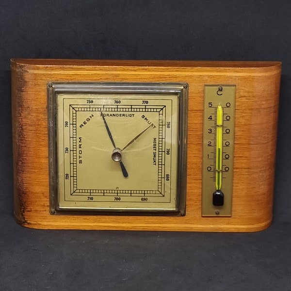 Baromètre/thermomètre en bois vintage | Fabriqué au Danemark |