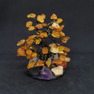 Natural Baltic Amber Tree Oak on Marble (~14 cm) | Decorated with natural multi-gems | Chakra Tree of Life | Decor | Natural, Raw minerals |