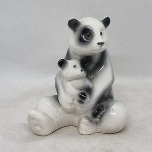 Estatuilla de madre y cachorro de panda de cerámica vintage /