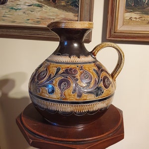LARGE Germany glazed pottery pitcher | Handmade Germany pitcher | Stoneware pitcher vase |