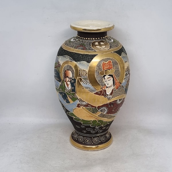 vase peint à la main en poterie Satsuma vintage | Fabriqué au Japon |