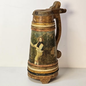 Antique Hand-Painted Wooden Beer Tankard with Hinged Lid – Folk Art Design