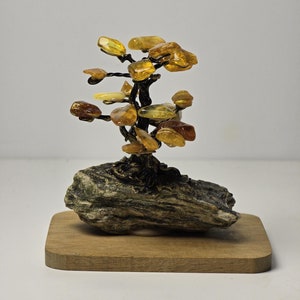 Handmade Amber Tree on Stone and Wood Base |