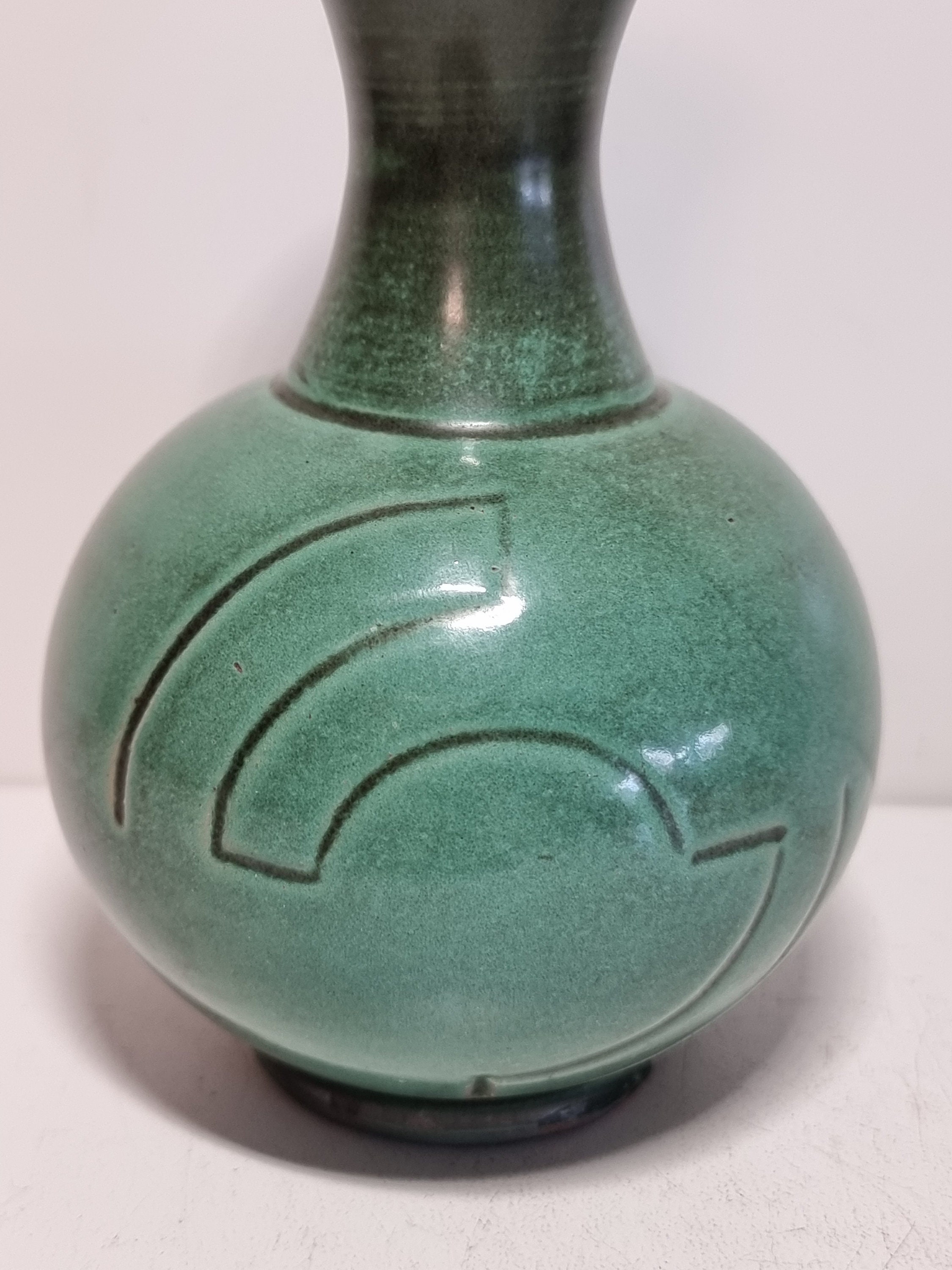 Rare Ekeby Glazed Ceramic Green Vase | Made in Sweden | - Etsy display picture 1
