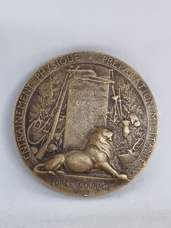 GRANDHOMME 1911,MÉDAILLE EN Argent Vermeil, Préparation Militaire, Force Courage EUR 95,00