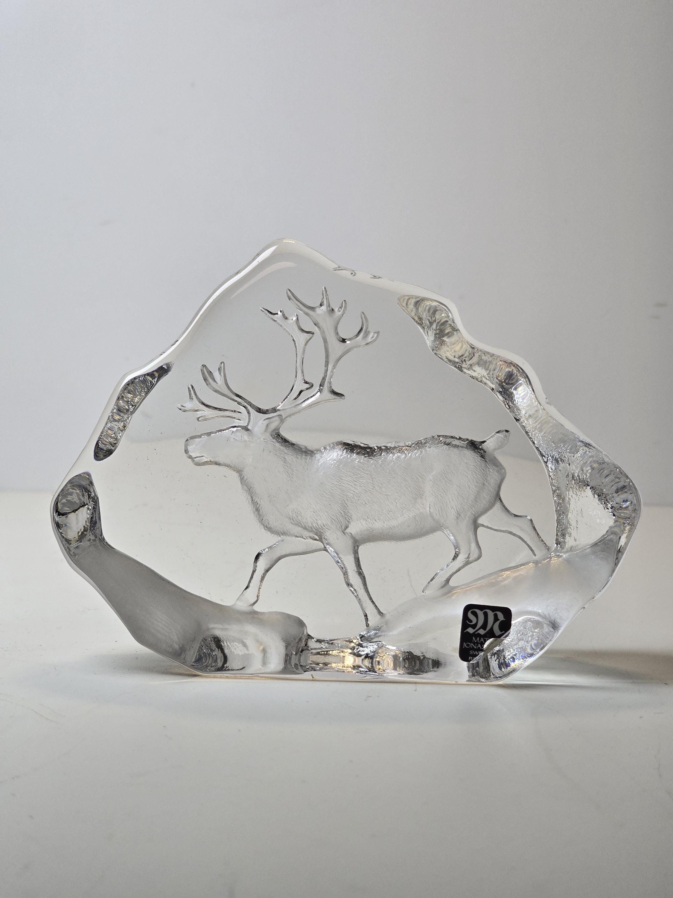 Vintage Mats Jonasson Lead Crystal Glass Reindeer Paperweight