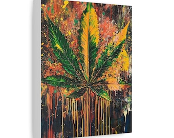 Tela artistica vibrante con cannabis, decorazione da parete in stile boho con erba, opera d'arte con piante in vaso colorate, regalo unico per gli amanti della marijuana, decorazione per la casa e l'ufficio