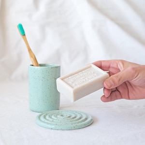Badezimmer Keramik Set | Modernes Badezimmer Dekor | Handgefertigte Zahnbürstenhalter und Seifenschale | Einweihungsgeschenk