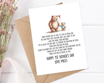 May include: A Father's Day card with a brown envelope and a bouquet of pink flowers. The card features a watercolor illustration of two teddy bears, one holding a red heart balloon. Text on the card reads "Happy 1st Father's Day Love Miles."