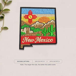 May include: A square-shaped embroidered patch in the outline of New Mexico featuring a red Zia symbol, a rising sun, brown mountains, green cacti, and a tan building. The bottom section is red with the white text New Mexico embroidered across it.