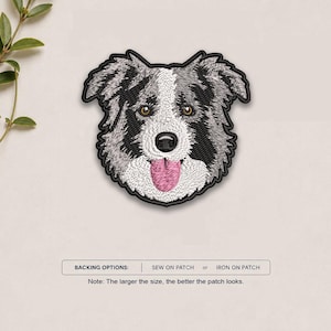 May include: An embroidered patch featuring the head of a Border Collie with black, white, and gray fur, brown eyes, and a pink tongue. The patch has a black border and text below stating: BACKING OPTIONS: SEW ON PATCH or IRON ON PATCH.