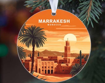 Marrakesh Morocco Acrylic Ornament - Historic Medina with Mosque and Palm Trees Illustration - Cultural Travel Souvenir Keepsake