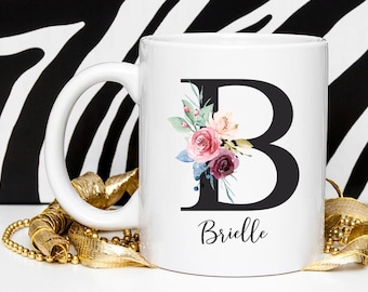 Personalized Name Mug, Initial Letter Mug, Monogram Mug, Floral Alphabet Mug, Personalized Flower Coffee Mug, Gift for Mom Daughter