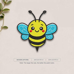 May include: An embroidered bee patch featuring a yellow and black striped body, bright blue wings with white stitching details, and a smiling face with red cheeks. Text below reads: BACKING OPTIONS: SEW ON PATCH or IRON ON PATCH. Note: The larger the size, the better the patch looks.