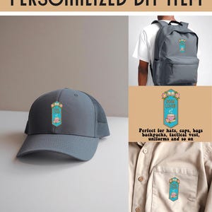 May include: A gray baseball cap and a tan shirt featuring an embroidered patch with a blue background, pink flowers, an open book, and a steaming pink cup with the text BOOK LOVER. The same patch is also shown on a gray backpack.