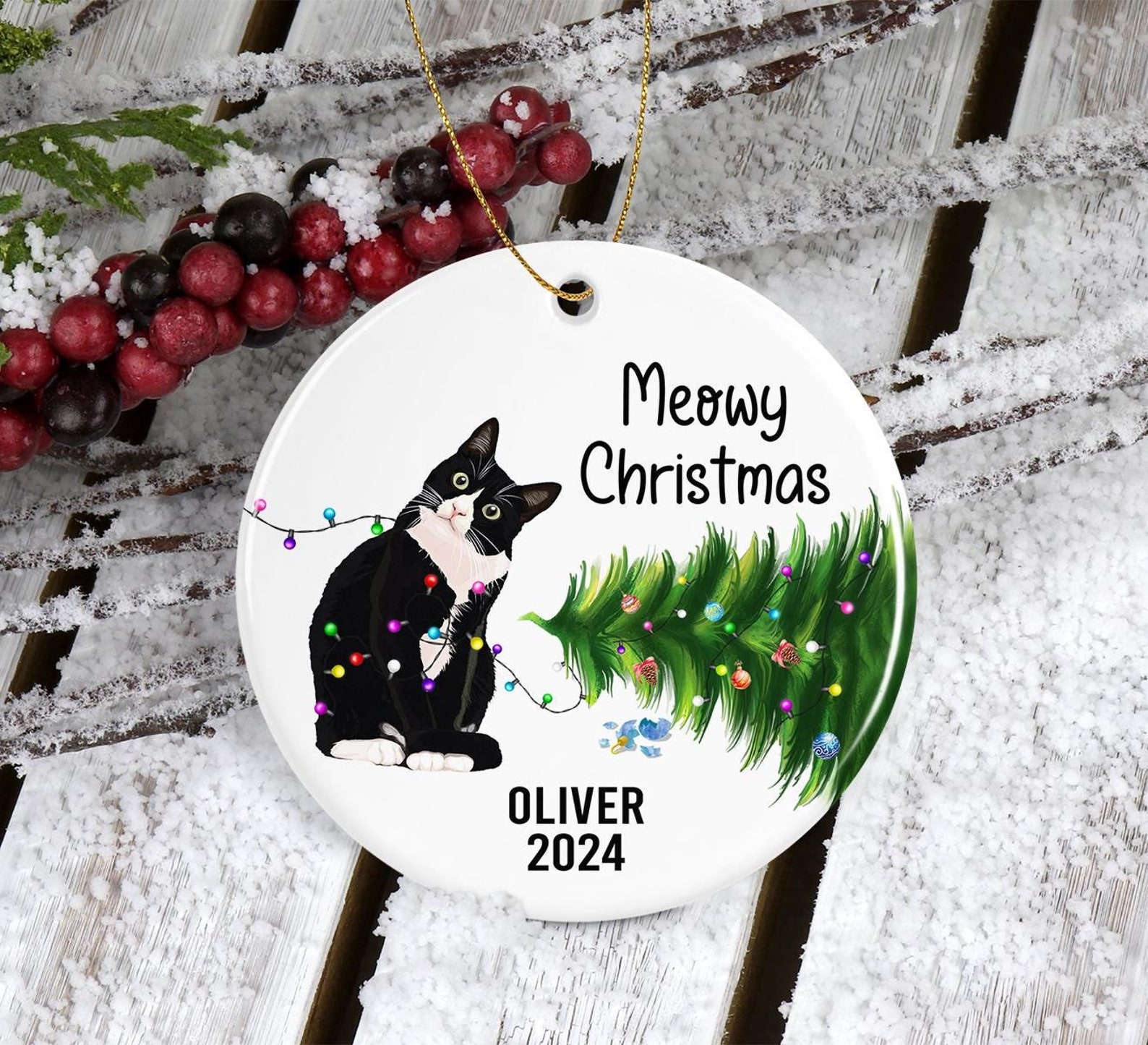 Tuxedo Cat Christmas Ornament, Personalized Meowy Christmas Ornament