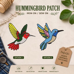 May include: Two embroidered hummingbird patches labeled Option 1 and Option 2. Option 1 features a green, red, and yellow bird. Option 2 features a blue, yellow, and pink bird. Text reads HUMMINGBIRD PATCH, IRON ON / SEW ON, and PERFECT FOR JACKETS BACKPACKS HATS & MORE.