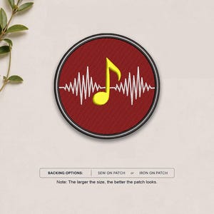 May include: A circular embroidered patch featuring a deep red background with a white horizontal sound wave graphic and a bright yellow musical note centered. The patch has a black border and text below stating BACKING OPTIONS: SEW ON PATCH or IRON ON PATCH. Note: The larger the size, the better the patch looks.