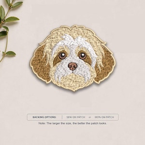 May include: An embroidered patch featuring the head of a dog with light brown and white fur, dark brown eyes, and a pinkish-brown nose. Below the patch, text reads: BACKING OPTIONS: SEW ON PATCH or IRON ON PATCH. Note: The larger the size, the better the patch looks.