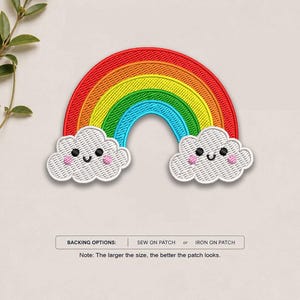 May include: An embroidered patch featuring a colorful rainbow with red, orange, yellow, green, and blue stripes. Two white clouds with smiling faces and pink cheeks are positioned at the base. Text reads: BACKING OPTIONS: SEW ON PATCH or IRON ON PATCH.