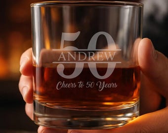 Cheers to 50 Years Birthday Engraved Whiskey Glass - Gift for Man - Dad Custom 50th Milestone Birthday - Personalized Whiskey Glass Gifts