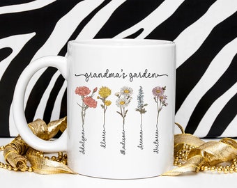 Personalized Birth Flower Mug - Custom Grandma's Garden Coffee Cup with Name - Christmas Gift for Grandma - Unique Mom Coffee Mug