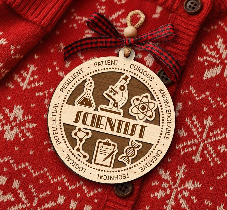 May include: A wooden Scientist ornament with a brown center and light wood outer ring. The ornament features science-related icons and the word "SCIENTIST". It hangs from a twine loop and a red and black plaid ribbon. The ornament is set against a red sweater.