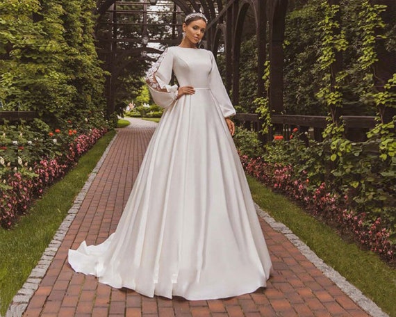 Simple Modest Wedding Dress Boho Satin Wedding Gown Bridal | Etsy
