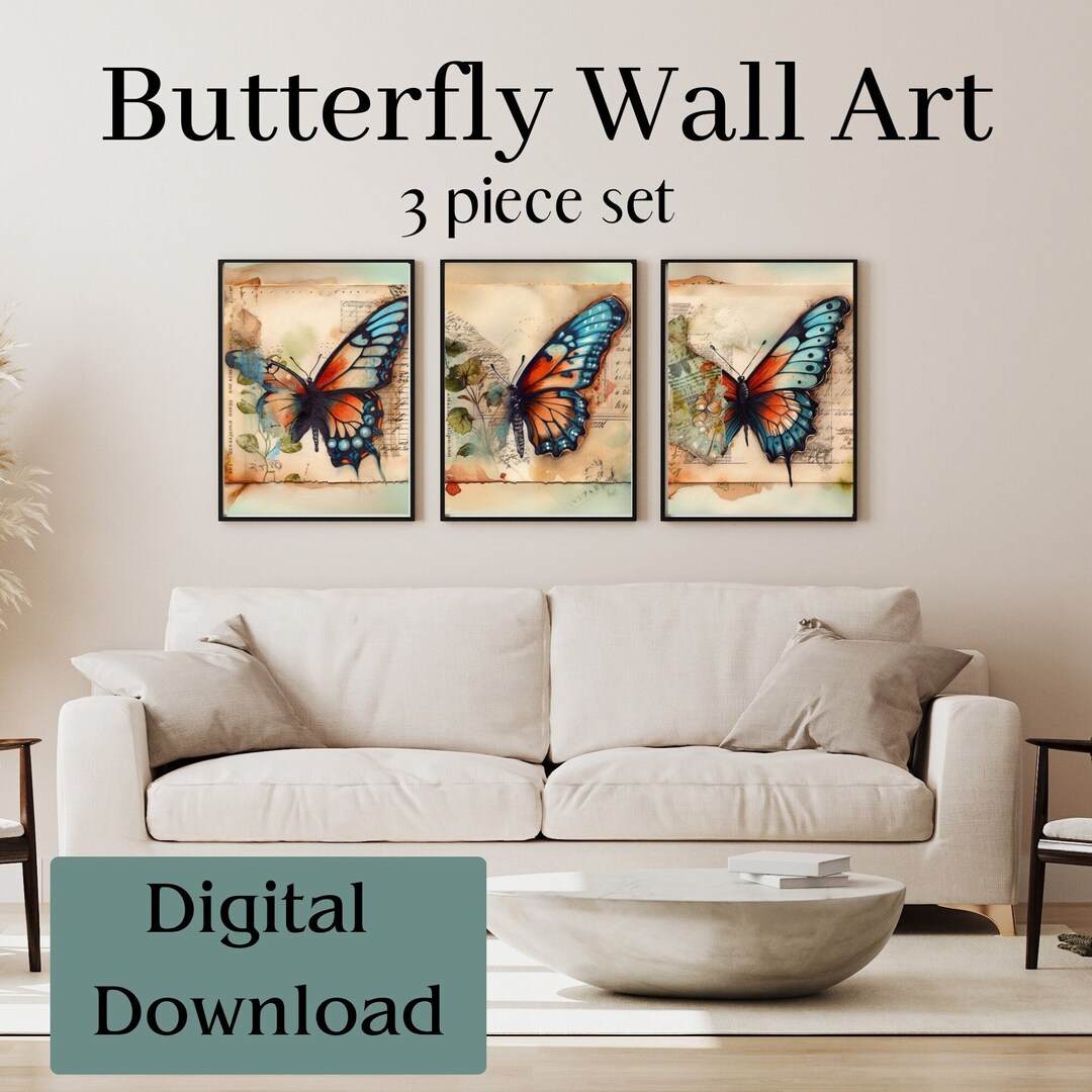 Beautiful Watercolor Butterfly Print Wall Art Digital Download 3 Piece