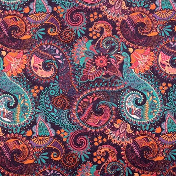 Tissu de décoration Loneta Paisley ornements violet foncé largeur 140 cm longueur à partir de 50 cm