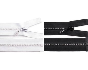 Plastic zipper 4 mm length 16 / 40 / 50 / 65 cm with rhinestones white black