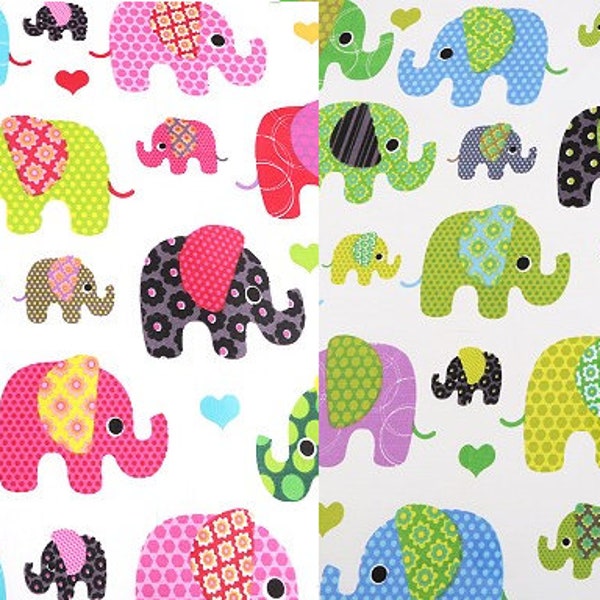 Katoenstof kindermotieven olifant roze en groen breedte 160 cm lengte vanaf 50 cm