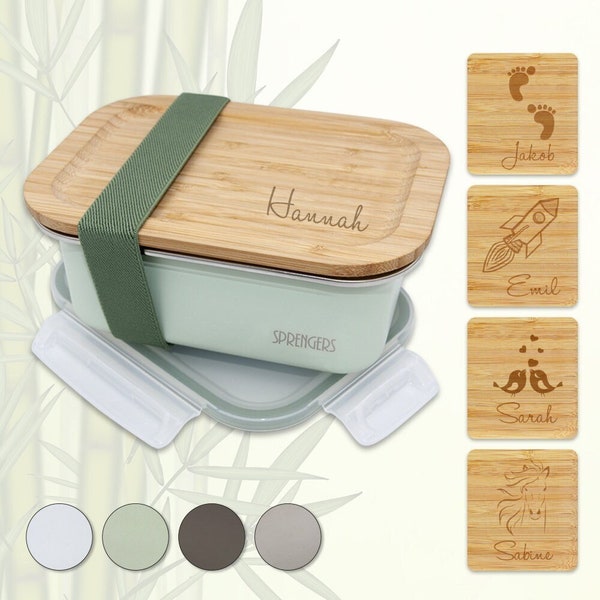 Personalisierbare Brotdose aus Edelstahl mit Bambusdeckel– auslaufsichere Brotbox – Lunchbox mit individueller Gravur Name und Motiv