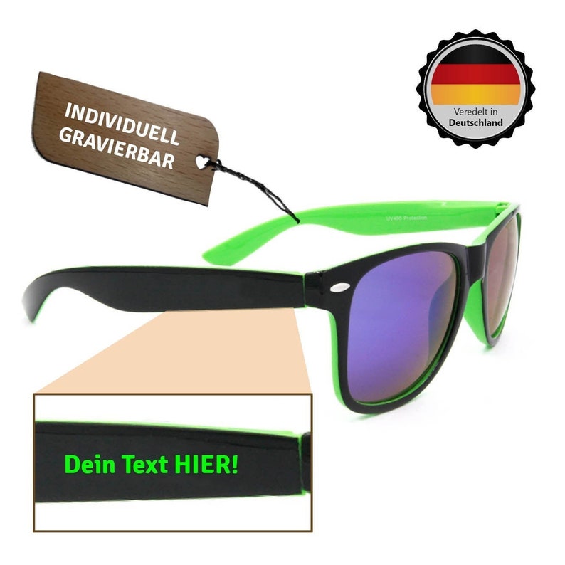 Personalisierbare Brille Sonnenbrille Verspiegelt Name Narrenbecher-Logo außen Bild 1