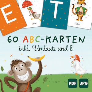 60 ABC-kaarten voor kinderen om uit te printen | inclusief umlauten en ß | Letters leren | ABC leren met dieren | PDF-download