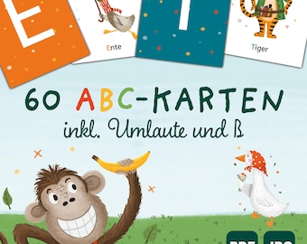 May include: A set of 60 alphabet flashcards featuring colorful illustrations of animals and objects. The flashcards are designed for children learning the alphabet and include umlauts and the letter B. The text on the image reads "60 ABC-KARTEN inkl. Umlaute und B".