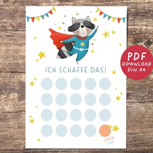 May include: A printable chart featuring a cartoon raccoon superhero with a red cape and blue suit. The chart has a title that says "Ich schaffe das!" and has 20 circles for marking progress. The chart is designed for children and is perfect for encouraging them to reach their goals.