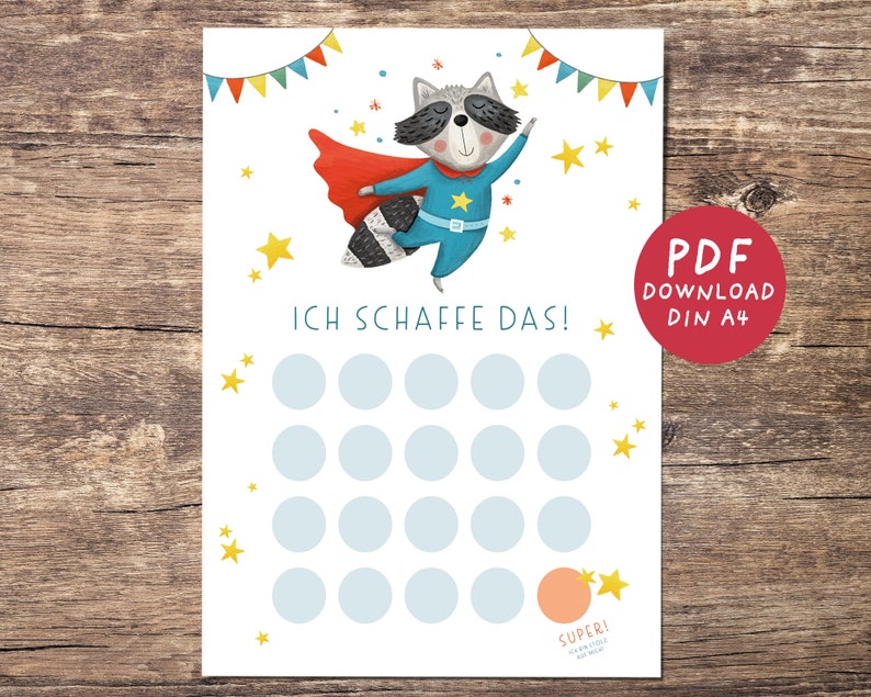 May include: A printable chart featuring a cartoon raccoon superhero with a red cape and blue suit. The chart has a title that says "Ich schaffe das!" and has 20 circles for marking progress. The chart is designed for children and is perfect for encouraging them to reach their goals.
