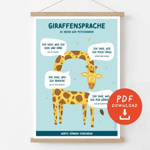 Może przedstawiać: Plakat z ilustracją żyrafy i tekstem w języku niemieckim. Żyrafa ma brązowe plamy i dymki. Plakat zawiera słowa "Giraffensprache" i "Worte können verbinden."