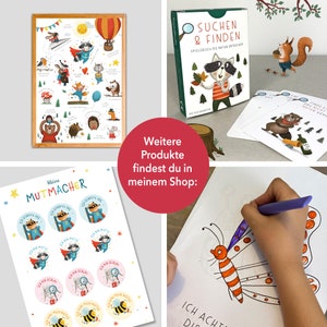 K&ouml;nnte beinhalten: Ein Set bunter Sticker mit einem Superhelden-Waschb&auml;ren mit dem Text "kleine MUTMACHER" und dem Spruch "Ich schaffe das". Die Sticker sind dazu gedacht, Kinder zu ermutigen und zeigen verschiedene Designs, darunter eine Biene, einen Fuchs und einen Waschb&auml;ren.