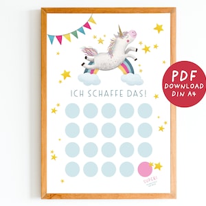 May include: A printable chart featuring a white unicorn with a rainbow and stars. The chart has 20 circles for marking progress. The text on the chart reads "Ich schaffe das!" which translates to "I can do it!" in English.