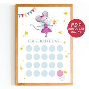 Puede incluir: Un gráfico imprimible con un ratón de hada de dibujos animados con un vestido rosa y una varita mágica. El gráfico tiene 20 círculos para marcar el progreso, con un círculo rosa en la parte inferior que dice "¡Super!" en alemán. El gráfico está titulado "¡Ich Schaffe Das!" que significa "¡Puedo hacerlo!" en alemán.