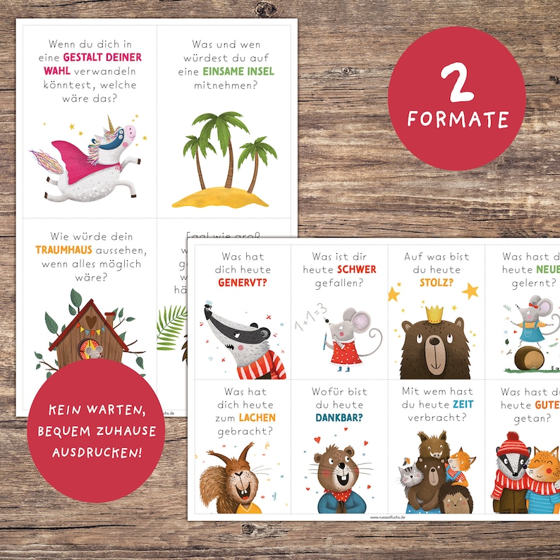 K&ouml;nnte beinhalten: Ein Satz druckbarer Karten mit bunten Tierillustrationen und Text in deutscher Sprache. Die Karten sind dazu gedacht, Kindern zu helfen, &uuml;ber ihren Tag nachzudenken und Selbstreflexion zu f&ouml;rdern. Der Text auf den Karten beinhaltet Fragen wie "Was hat dich heute zum Lachen gebracht?" und "Was hast du heute gelernt?"