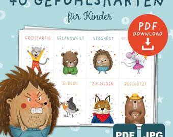 40 Gefühlskarten Kinder PDF | Emotionskarten Kinder | Format A7 & A6 | Bedürfniskarten | Gefühlskarten Tiere | Download