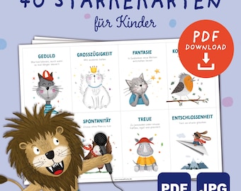 40 Strength Cards for Children – Hand-Drawn Character Strengths to Boost Self-Confidence in Family, School and Kindergarten A7 PDF Download