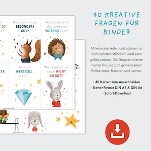 K&ouml;nnte beinhalten: Ein Set mit 40 druckbaren Gespr&auml;chskarten f&uuml;r Kinder mit bunten Illustrationen von Tieren und Sternen. Die Karten sollen Kinder dazu anregen, &uuml;ber ihre Gef&uuml;hle und Erfahrungen zu sprechen. Der Text auf den Karten enth&auml;lt S&auml;tze wie "Was macht dich besonders?" und "Was machst du gerne, wenn du w&uuml;tend bist?"