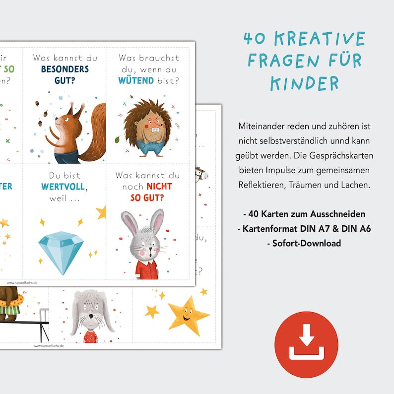 K&ouml;nnte beinhalten: Ein Set mit 40 druckbaren Gespr&auml;chskarten f&uuml;r Kinder mit bunten Illustrationen von Tieren und Sternen. Die Karten sollen Kinder dazu anregen, &uuml;ber ihre Gef&uuml;hle und Erfahrungen zu sprechen. Der Text auf den Karten enth&auml;lt S&auml;tze wie "Was macht dich besonders?" und "Was machst du gerne, wenn du w&uuml;tend bist?"